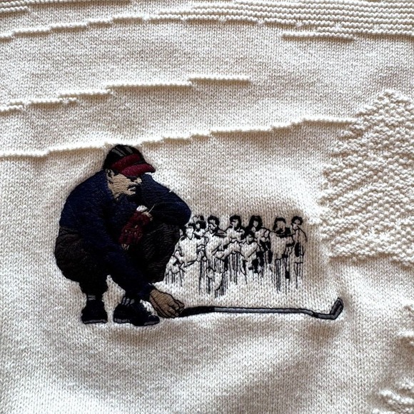 VTG 90s Carmel Mens XLT Ivory Embroidered Textured Sweater Golf Grandpa Dad‎ USA - Picture 3 of 12